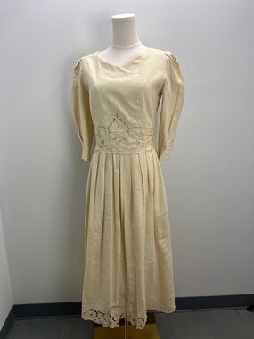Vintage Lanz Cottagecore Maxi Dress Linen Cream Victorian Wedding Modest Size 6